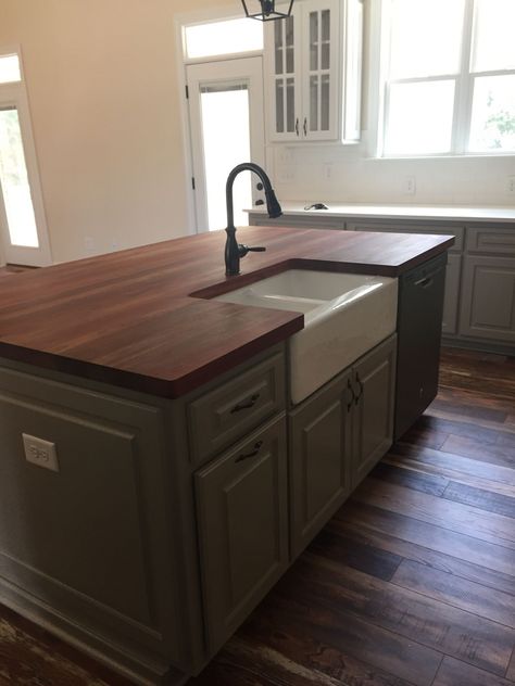 Butcher Block Island Green Cabinets, Gray Island With Butcher Block, Dark Butcher Block Island, Green Kitchen Island With Butcher Block, Butcher Block Kitchen Island With Sink, Butcher Block Granite Combo, Concrete Countertops With Butcher Block Island, Green Island Butcher Block Top, Kitchen Island Accent Color Butcher Block