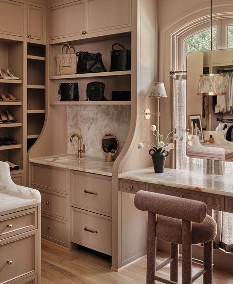 Built In Vanity In Closet, Walk In Closet With Vanity, Closet With Vanity, Modern Mediterranean Design, April Tomlin, Master Closet Design, Built In Vanity, Closet Island, Luxe Bathroom