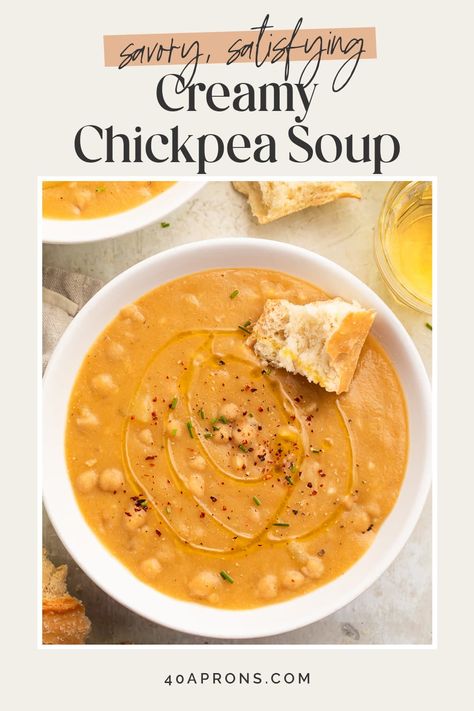 This chickpea soup is so quick and easy to make that you won’t believe how delicious it is! Simple but perfectly savory and satisfying, this vegan soup is made with just a few ingredients that you probably already have in your pantry. A must to add to your rotation. Potato Chickpea Soup, Chicken Chickpea Soup Recipes, Chickpea Soup Vegan, Garlic Chickpea Soup, Creamy Chickpea Soup, Creamy Chickpea, Garlic Chickpeas, Coconut Soup Recipes, Chicken Chickpea