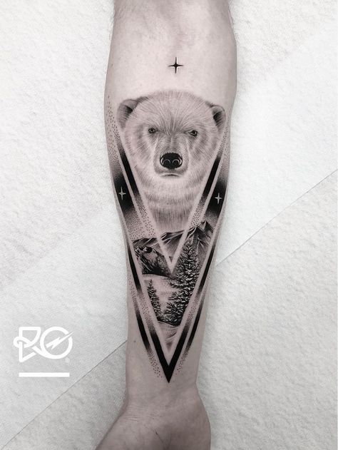 Dotwork Bear Tattoo, Polar Bear Tattoo Design, Geometric Polar Bear, Illustrative Landscape, Logan Tattoo, Geometric Bear Tattoo, Tricep Tattoo, Alaska Tattoo, Tattoo Stockholm