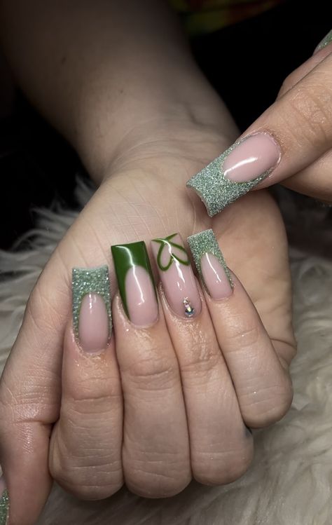 Sage Green Birthday Nails, Sage Green Square Nails, Green Glitter Acrylic Nails, Green Valentines Nails, Green Heart Nails, Green Sparkly Nails, Green Glitter Nails, Patrick Nails, Glitter Acrylic Nails