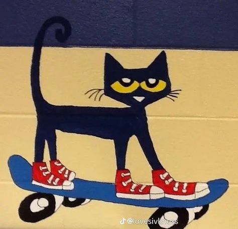 Cat Mural, Pete The Cat, Black Cat, Skateboard, Mural, I Love, Wall, Red, Black