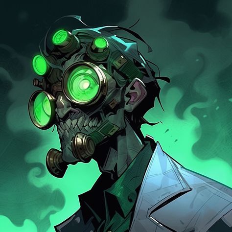 Ecopunk Character Design, Dnd Mad Scientist Art, Mad Scientist Character Art, Evil Scientist Art, Radioactive Character Design, Biopunk Character Art, Evil Scientist Character Design, Mad Scientist Art, Mad Scientist Character Design