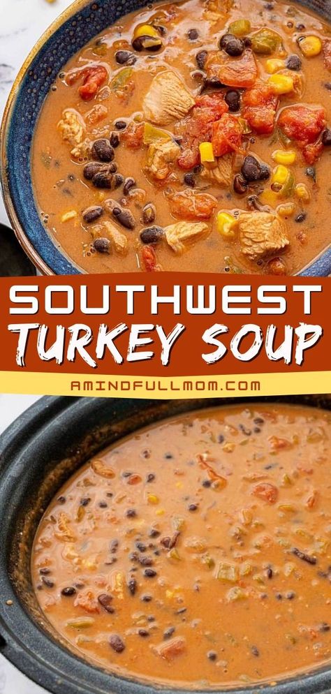 Craving an easy comfort food dinner? The BEST leftover turkey soup is just what you need! It's a simple soup recipe. Nothing hits the spot like this Southwest Turkey Soup that's creamy, hearty, and slightly spicy! Ground Turkey Enchilada Soup, Soup Ideas With Ground Turkey, Turkey Sausage Soup Recipes, Turkey Burger Soup Recipes, Leftover Turkey Recipes Easy Soup Crockpot, Soups With Turkey Meat, Southwestern Soup Recipe, Ground Turkey Recipes Soup, Turkey Tomato Soup