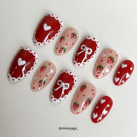 🍓🍰strawberry cake. #nail #nailart #cutenails #shortnails #kawaii #pressons #pressonnails #rednails #strawberrynails #naillove #smallbusiness #nailfashion Press On Nails Art, Strawberry Nail, Berry Nails, Nail Base Coat, Themed Nails, Kitty Nails, Press On, Eye Nails, Nail Polish Art