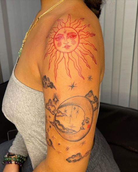 Arm Tattoos For Women Spiritual, Red Sun Shoulder Tattoo, Shoulder Sleeve Tattoos For Women Unique, Top Of Arm Tattoos For Women, Spiritual Sleeve Tattoos For Women, Baddie Tats Arm, Outer Arm Tattoos For Women, Unique Half Sleeve Tattoos, Earthy Tattoos