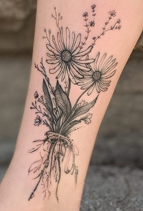 Womens Calf Tattoo Ideas Flowers, Root Flower Tattoo, Boho Floral Tattoo, Female Nature Tattoos, Rooted Flower Tattoo, Wildflower Arm Tattoo, Flower With Roots Tattoo, Wild Sunflower Tattoo, Wild Flowers Tattoo Design