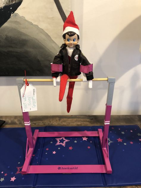 Daughter is learning mill circle, so elf is too! Elf On The Shelf Gymnastics Ideas, Cheerleading Elf On The Shelf, Gymnastics Elf On The Shelf, Unicorn Elf On The Shelf, Elf On Shelf Gymnastics, Elf Gymnastics, Elf On The Shelf Going To Disney, Taco Cat, Elf Fun