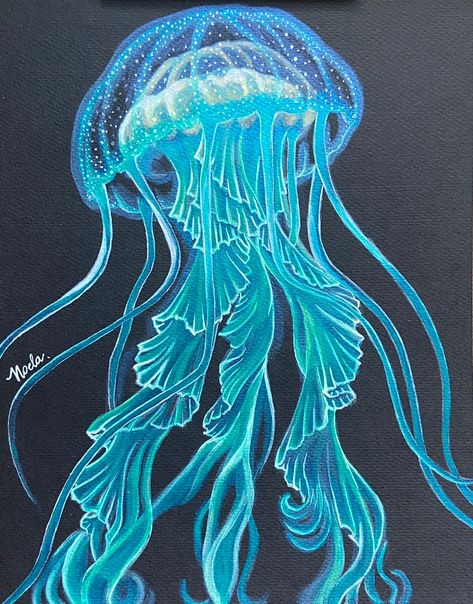 acrylic on black paper. #Jellyfish #acrylic #blackpaper #blue #sea Jelly Fish Pen Drawing, Blue Paper Drawing, Colorful Jellyfish Painting, Jellyfish On Black Paper, Jellyfish Drawing Color, Blue Jellyfish Drawing, Underwater Chalk Art, Jelly Fish Painting Black Canvas, How To Paint Jellyfish Acrylic