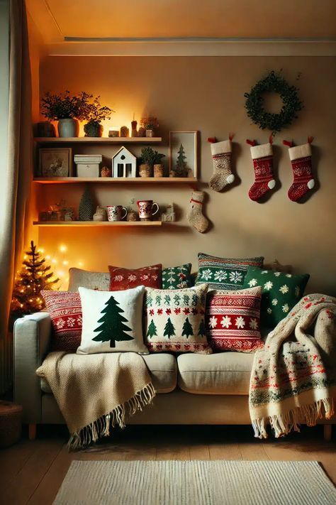 Simple Apartment Christmas Decor, Christmas In Small Apartment, Christmas Living Room Apartment, Basement Christmas Decor, Christmas Living Room Decor Small Spaces, Christmas Decor Small Apartment, Small Living Room Christmas Decor Ideas, Small Apartment Christmas Decor Ideas, Christmas Sofa Decor