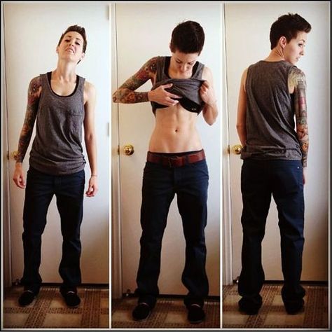 Tumblr, no date, a butch woman showing off her body, much like a male would do, wearing saggy pants, masculine tank top and a pixie hairstyle Soft Butch, Butch Fashion, Chica Punk, Lgbtq Fashion, Androgynous Women, Lesbian Outfits, Wow Photo, Androgynous Outfits, Gender Fluid Fashion