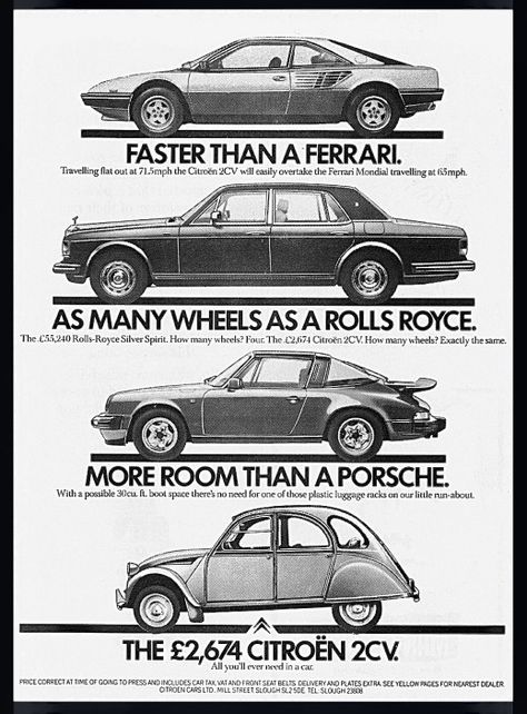 Funny Citroen 2CV Comparison to other cars #ferrarimondial #rollsroycesilverspirit #porsche911 #citroen2cv #citroen #2cv #citroën Ferrari Mondial, Car Advertisement, Types Of Cars, Psa Peugeot Citroen, Citroen Car, Porsche Classic, Vw Porsche, Pt Cruiser, Porsche Carrera