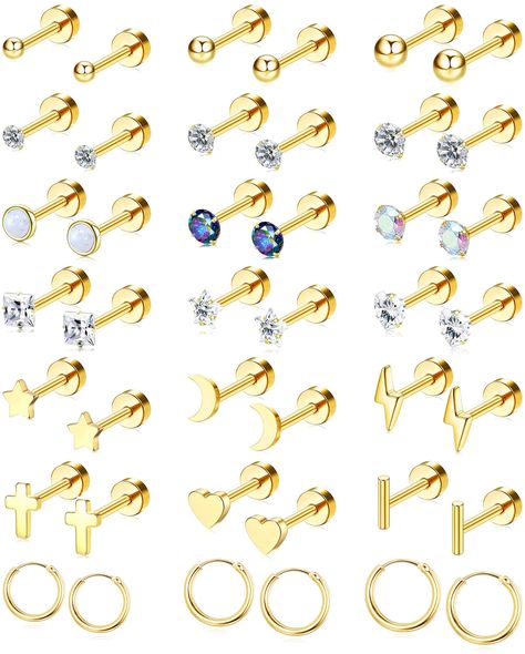 PRICES MAY VARY. Earring Sets for Multiple Piercing: Earring pack for women includes 21 pairs gold earrings. There are cz, ball, fake opal, heart, cross, bar, moon, star, lightning bolt gold stud earrings and gold hoop earrings, so many cute earrings to choose from and match for multiple piercings. Small Earrings: 20g small stud earrings, 6mm wearable earring post length, 4mm flat back. 18g small hoop earrings, 8mm/10mm/12mm hoop earrings inner diameter, little stud and hoop earrings are light w Earrings Cartilage, Helix Piercing Jewelry, Earrings Sets, Bone Earrings, Flat Back Earrings, Body Jewelry Piercing, Small Hoop Earrings, Helix Earrings, Hoop Earring Sets