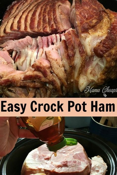 Crock Pot Ham is SO easy to make! Use this simple recipe to cook a brown sugar honey ham in your slow cooker. We used a pre-cooked ham, spiral cut, with bone-in. It stays moist and juicy and SO flavorful! This delicious meal is low carb and perfect anytime, especially for Christmas or Easter holiday dinner! #ham #crockpot #mamacheaps Cooking Bone In Ham, Brown Sugar Honey Ham, Spiral Ham Crockpot, Ham Crockpot, Cooking Spiral Ham, Crock Pot Ham, Ham Recipes Crockpot, Slow Cooker Ham Recipes, Precooked Ham