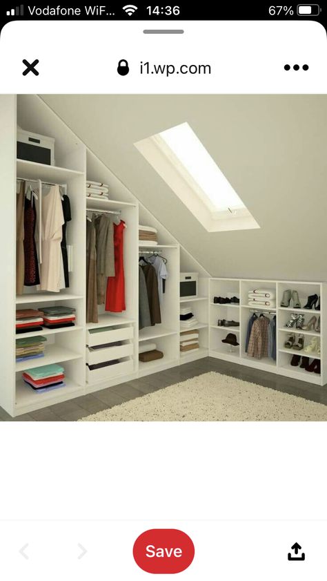 Small Walk In Wardrobe Sloped Ceiling, Ikea Wardrobe Slanted Ceiling, Sloping Roof Wardrobe, Walk In Wardrobe Slanted Roof, Wardrobe Roof Sloping, Bed Under Sloped Ceiling, Slanted Ceiling Closet, Loft Conversion Bedroom, Attic Wardrobe