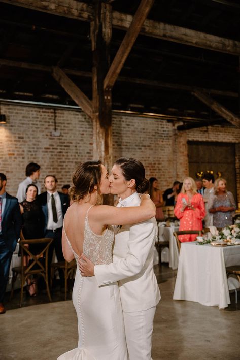 Summer wedding inspiration | lesbian wedding | lesbian couple with two brides | white wedding gown Justin Alexander Signature | white wedding suit for women | cathedral veil | pearl accents | NOLA wedding | white wedding cake with rose decorations and gold accents | wedding hair low chignon bun | brunette brides | New Orleans wedding ideas | Dani Benton Photography 2 Women Wedding, Wedding Ideas Lesbian Couple, Lesbian Wedding Hairstyles, White Wedding Suit For Women, Wedding Lesbian Ideas, Gold Accents Wedding, Low Chignon Bun, Lesbian Wedding Suit, Lesbian Elopement