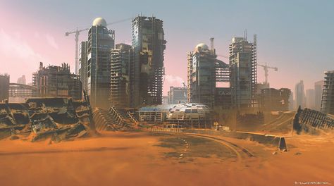 Desert Ruins Concept Art, Desert Cyberpunk City, Desert Cyberpunk, Cyberpunk Desert, Desert Ruins, Cyberpunk Cities, Desert Punk, Apocalyptic City, Landscape Anime