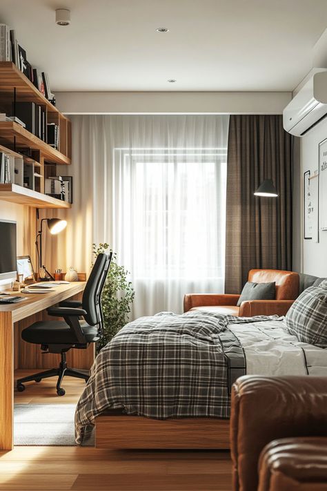 This inviting bedroom-office combo features a warm wood desk with built-in shelving, a comfortable workspace, and a cozy bed in earthy tones. The large window allows natural light to brighten the space, making it ideal for both relaxation and productivity. Perfect inspiration for creating a multifunctional, stylish small room! #BedroomOffice #CozySpace #HomeDesign Small Room Bed, Apartment Bedroom Office, Functional Apartment, Bedroom Office Combo, Beds For Small Rooms, Inviting Bedroom, Cozy Rooms, Comfortable Workspace, Home Studio Setup