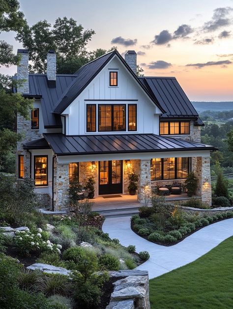 Terrible Tattoos, Ranch House Exterior, Lake Houses Exterior, Farmhouse Exterior Design, Farmhouse Architecture, Luxury Beach House, A Frame House Plans, Suburban House, Dream Life House