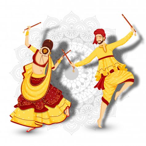 Character of couple dancing with dandiya sticks Premium Vector | Free Vector #Freepik #vector #freebackground #freebanner #freeflyer #freeposter Garba Images, Diwali Cupcakes, Rajasthani Pattern, Dandiya Sticks, Garba Dance, Ganesha Drawing, Dancing Drawings, Mandala Floral, White Mandala