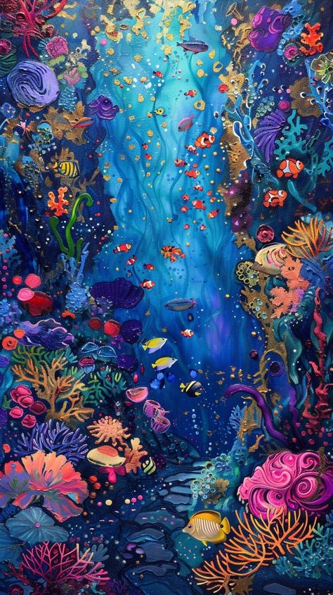 Vibrant Marine Life: A stunning underwater scene brimming with vibrant coral and playful fish amidst a mystical seascape. #oceana #vibrant #coral #fish #underwater #art #painting #colorful #aiart #aiphoto #stockcake https://ayr.app/l/a6DM Coral Reef Art Painting, Ocean Art Background, Drawing Underwater Scenes, Colorful Fish Illustration, Sea Life Art Underwater, Marine Life Art Paintings, Paint Collage Ideas, Underwater Fish Painting, Ocean Underwater Painting