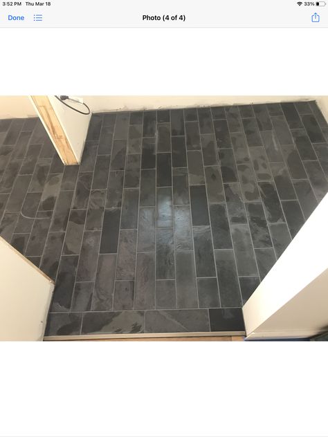 Cle’ Tile black slate 4x12 with Mapei “gray” grout Charcoal Grout Bathroom, Gray Grout, Black Grout, Grey Grout, Cle Tile, Bath Tiles, Ceramic Floor Tiles, Bathroom Remodel Shower, Slate Tile