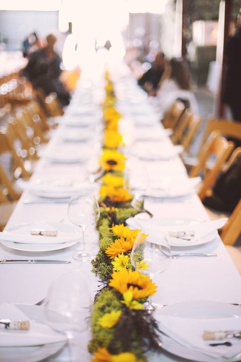 lovely idea for trestle tables could bu used with any large bloom Wedding Guest Table Decor, Wedding Table Ideas, Sunflower Table, Sunflower Table Runner, Sunflower Wedding Decorations, Wedding Guest Table, Sunflower Centerpieces, Tafel Decor, Steampunk Wedding