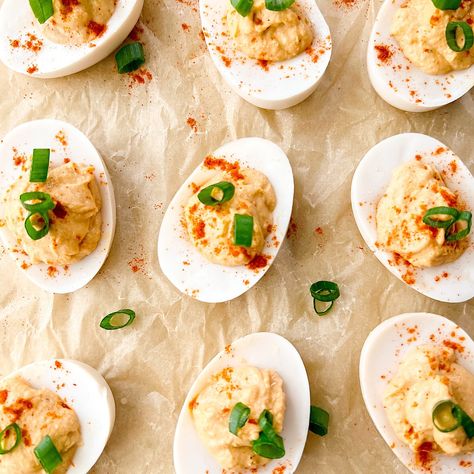 Vegan Deviled Eggs, Vegan Air Fryer Recipes, Green Chips, Vegan Air Fryer, Vegan Bacon Bits, Roasted Cauliflower Steaks, Tofu Sandwich, Collard Green, Homemade Crunchwrap Supreme