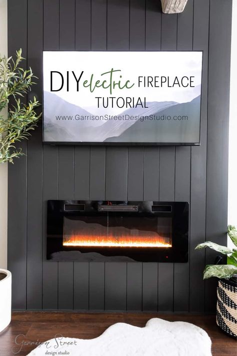 Modern DIY Electric Fireplace and Shiplap TV Wall | ©GarrisonStreetDesignStudio | DIY | Electric Fireplace | TV Wall | Shiplap | Black | Modern | Plans | Tutorial | Vertical Shiplap | With TV | TV and Electric Fireplace Wall | Living Room | Family Room | How to build | Fireplace TV wall | Ideas | Framing | Easy | Electric | Farmhouse | Fireplace Insert | Surround | Wall Plans | No | Mantel | Mantle | DIY Fireplace TV Wall | Makeover | Cover | Fireplace | Wall | Renovation | Tutorial Built In Fireplace Wall, Vertical Shiplap Fireplace, Tv Fireplace Ideas, Shiplap Tv Wall, Bar Cart Christmas, Fireplace Media Wall, Bungalow Fireplace, Electric Fireplace Media, Fireplace Upgrade