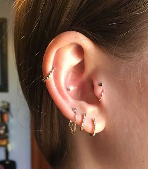 Double Tragus, Ear Piercing Combinations, Two Piercings, Bodysuit Tattoos, Constellation Piercings, Ear Peircings, Double Piercing, Cute Ear Piercings, Bar Stud Earrings