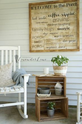 Front Porch Rocker Ideas, Crate Porch Decor, Front Porch Side Table, Front Porch Rocking Chair Decor, Farmhouse Front Porch Decor, Plant Storage, Wooden Bins, Cozy Porch, Diy Porch Decor