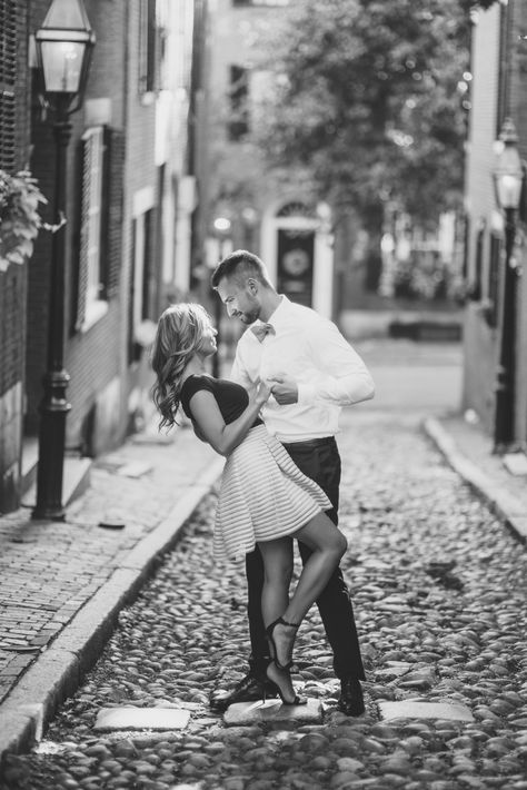 Beacon Hill Acorn St. Boston, Massachusetts // Engagement Shoot on cobblestone street // gavrilphoto.com Engagement Street Photography, Cobblestone Photoshoot, Acorn Street Boston Photoshoot, Engagement Shoot Locations, Dancing Engagement Pictures, Couple Poses City Photo Ideas, Cobblestone Engagement Photos, Boston Common Engagement Photos, Boston Couple Photoshoot