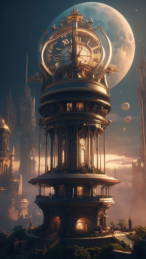 There is a clock tower with a clock on top of it Fantasy Clock Tower, Huge Clock, Time Portal, Giant Clock, Fantasy Concept, Father Time, Time Passing, Building Art, Steampunk Art