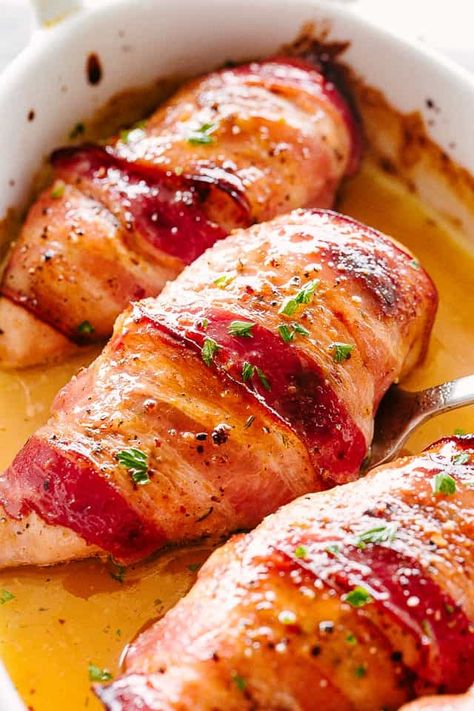 Maple-Glazed Bacon Wrapped Chicken Breasts Baked Boneless Chicken Breast, Maple Glazed Chicken, Bacon Recipes For Dinner, Chicken Breast With Bacon, Bacon Wrapped Chicken Breast, Delicious Chicken Dinners, Easy Chicken Breast, Chicken Breast Recipes Easy, Wrapped Chicken