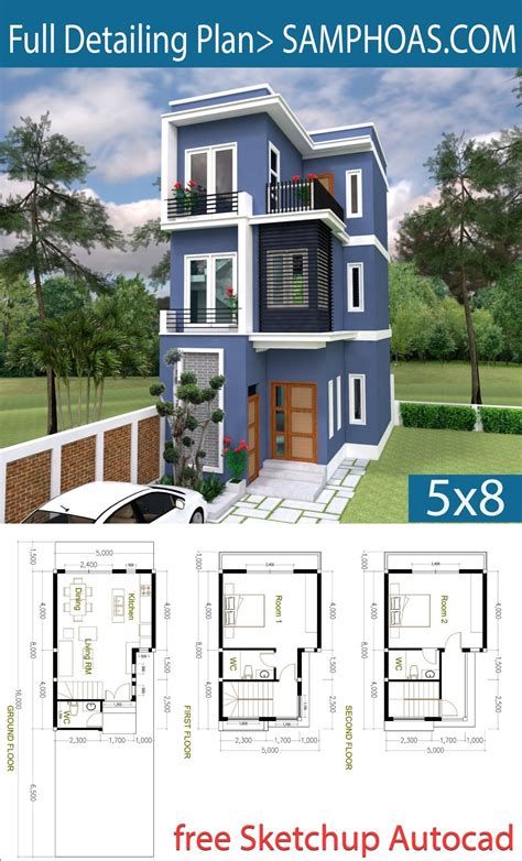 Small Home Design Plan 6x11m With 3 Bedrooms - SamPhoas Plan 2 Bedroom Tiny Home, 2 Bedroom House Plans, Duplex House Plans, Tiny House Floor Plans, Sims House Plans, House Construction Plan, Model House Plan, 2 Bedroom House, Small House Design Plans