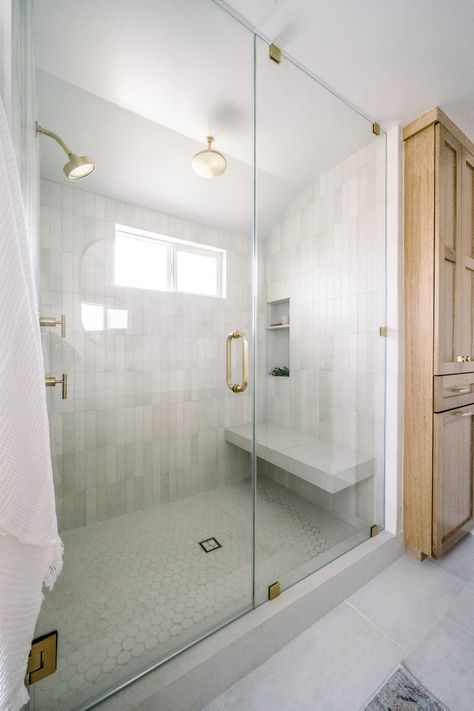 Glassless Shower Walk In Master Bath, Shower Opposite Vanity, Coastal Modern Bathroom Design, Mosaic Tile Bathroom Wall Shower Designs, Shower With Accent Wall, Two Person Shower Walk In, Master Bathrooms With Walk In Showers, Master Shower Tile, Custom Showers