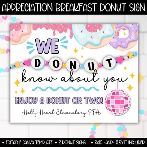 Teacher Staff Appreciation Week Donut Breakfast Sign Printable, We Donut About You PTA PTO Decor, Eras Taylor Swift Doughnuts Themes Poster Donut Breakfast, Donut Signs, Teacher Wallpaper, Staff Appreciation Week, Walgreens Photo, Staff Appreciation, Copy Paper, Printable Signs, Cardstock Paper