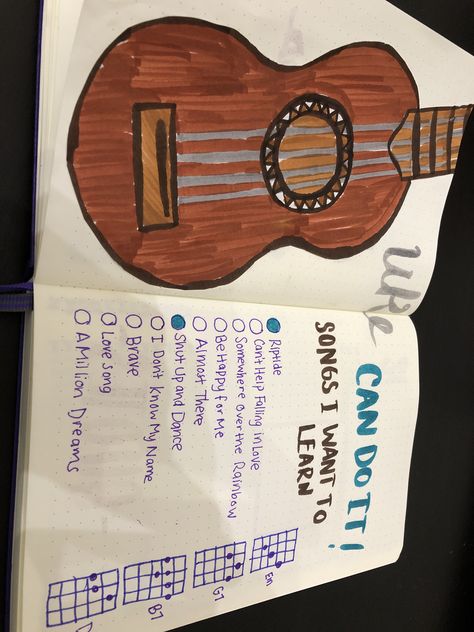 Ukulele Journal Ideas, Ukulele Journal, Guitar Journal, Cluttered Desk, Easy Ukulele Songs, Ukulele Art, Music Journal, Ukulele Music, Ukulele Songs