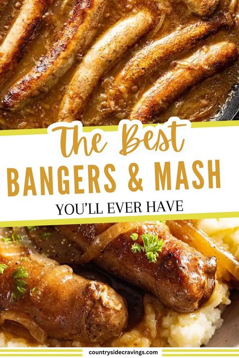 Savor The Best Bangers & Mash You'll Ever Have! Juicy sausages paired with creamy mashed potatoes and rich onion gravy make this a comforting classic you won't forget. Perfect for a hearty meal any day of the week. Bangers And Mash Recipe Irish, British Bangers, Bangers Recipe, Bangers And Mash Recipe, Potatoes And Sausage, Sausage And Mash, Recipes Using Ground Beef, Skillet Dinner Recipes, Best Sausage