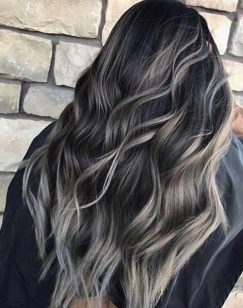 Black And Platinum Balayage, Black And Ash Brown Hair, Smoky Hair Color Brown, Ash Blonde Ombre On Dark Hair, Ash Grey Balayage Brunettes, Dark Hair With Ash Blonde Highlights, Dark Hair Color Ideas With Highlights, Black Hair With Platinum Highlights, Black Hair With Ash Highlights