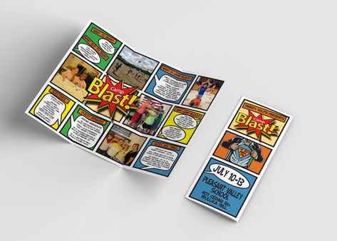 Comic book style brochure design for camp superhero themed program. Comic Book Brochure, Comic Brochure, Camp Brochure, Comics Ideas, Calligraphy Designs, Literary Art, Brochure Design Creative, Brochure Design Layout, Bond Paper Design