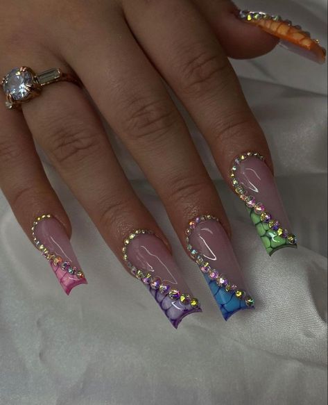 Cute Colorful Nails, Acrylic Toe Nails, Colorful Nails, Nails Design With Rhinestones, Colored Acrylic Nails, Girly Acrylic Nails, French Tip Acrylic Nails, Dope Nail Designs, Long Acrylic Nails Coffin