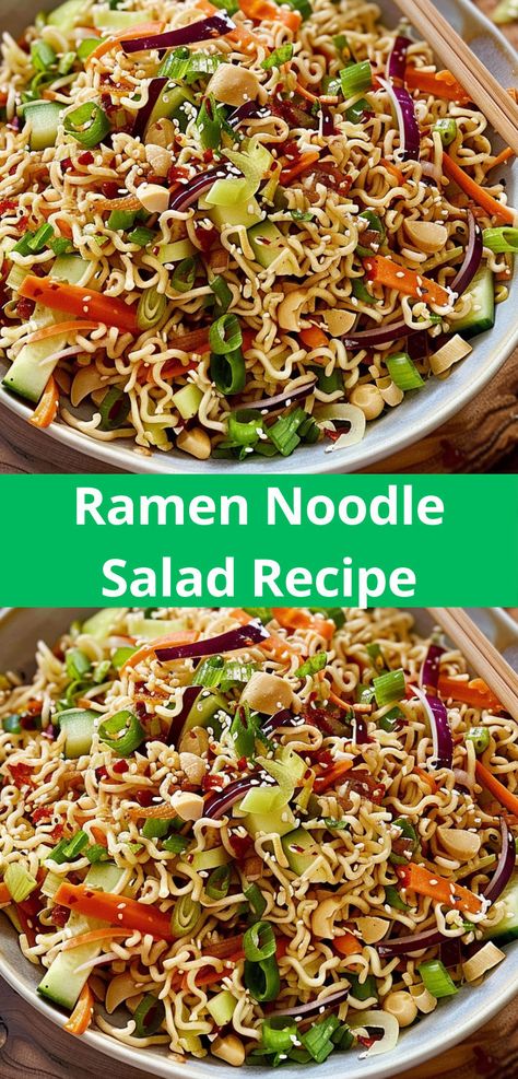 Make this ramen noodle salad – an easy, crunchy, and delicious meal. Pasta Salad With Ramen Noodles, Ramen Noodle Pasta Salad, Asian Ramen Noodle Salad Recipes, Ichiban Noodle Salad, Orential Salad With Ramen, Ramen Noodle Salad Dressing, Roman Noodle Salad, Ramen Noodle Salad Easy, Ramen Noodle Salad Recipes