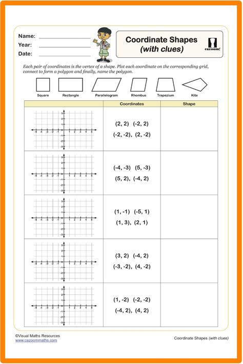 Enhance students' understanding of coordinate shapes with this engaging worksheet. By following clues to plot coordinates on a grid, they will practice connecting points to form quadrilaterals and naming the resulting shapes. This resource fosters critical thinking and geometry skills in an interactive way. Year 9 Maths Worksheets, Ks3 Maths Worksheets, Ks1 Maths Worksheets, Year 6 Maths Worksheets, Year 7 Maths Worksheets, Year 4 Maths Worksheets, Math Formula Sheet, Coordinate Plane Graphing, Gcse Maths Revision