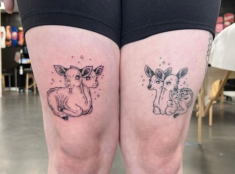 Double Headed Animal Tattoo, Two Headed Deer Tattoo, Two Headed Fawn, Two Headed Lamb Tattoo, Two Headed Lamb, Woodland Tattoo, Fawn Tattoo, Designing Tattoos, Lamb Tattoo