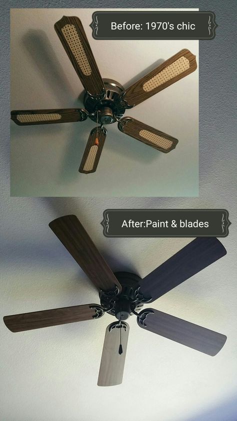 Ceiling Fan Diy, Ceiling Fan Update, Fan Makeover, Celing Fan, Ceiling Fan Parts, Fans Ceiling, Ceiling Fan Makeover, Black Chalk Paint, Ceiling Texture