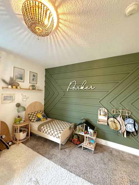 Transforming Parker's Nursery Into a Cool Kids Room Green Statement Wall, Bedroom Design For Kids, Boy Room Accent Wall, Nursery Ideas Neutral, Green Boys Room, Boy Room Paint, Nursery Makeover, Boho Surf, Toddler Boy Room Decor