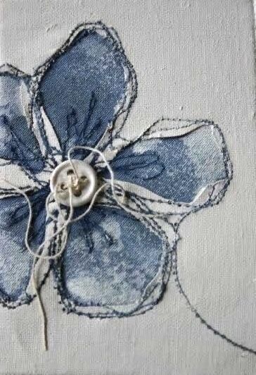 Blue Poppies, Freehand Machine Embroidery, Denim Art, Fabric Postcards, Fabric Cards, Reverse Applique, Free Motion Embroidery, Thread Painting, Denim Crafts