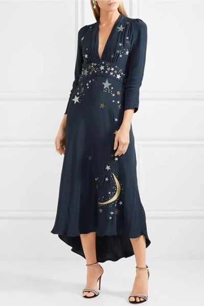 Goddess Wardrobe, Wiccan Style, Witchy Wardrobe, Navy Embroidered Dress, Wiccan Clothing, Midi Dress Winter, Moon Rituals, Geek Girl, Crepe Midi Dress