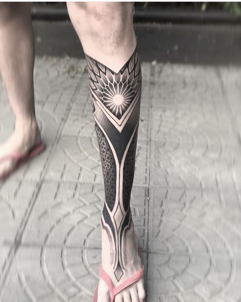 Geometric Tattoo Leg Sleeve, Geometric Throat Tattoo, 108 Tattoo, Geometric Tattoo Leg, Japanese Leg Tattoo, Black Sleeve Tattoo, Mandela Tattoo, Knee Tattoos, Best Leg Tattoos